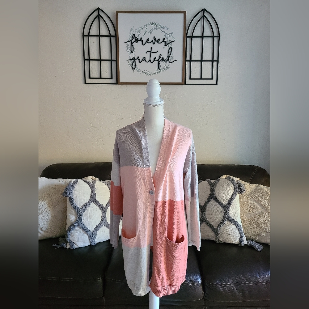 J. Jill Pure Jill Cardigan Sweater S‎ Colorblock Tunic Gray Pink Button Pockets